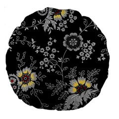 Black Background With Gray Flowers, Floral Black Texture Large 18  Premium Round Cushions