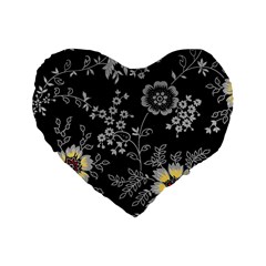 Black Background With Gray Flowers, Floral Black Texture Standard 16  Premium Heart Shape Cushions