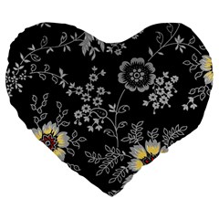 Black Background With Gray Flowers, Floral Black Texture Large 19  Premium Heart Shape Cushions