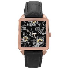 Black Background With Gray Flowers, Floral Black Texture Rose Gold Leather Watch 