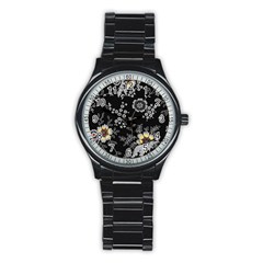 Black Background With Gray Flowers, Floral Black Texture Stainless Steel Round Watch