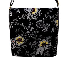 Black Background With Gray Flowers, Floral Black Texture Flap Closure Messenger Bag (L)