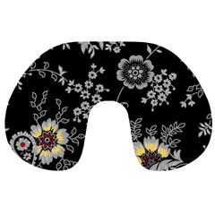 Black Background With Gray Flowers, Floral Black Texture Travel Neck Pillow