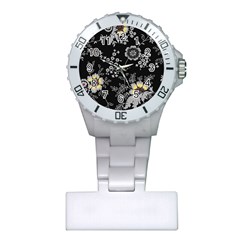 Black Background With Gray Flowers, Floral Black Texture Plastic Nurses Watch