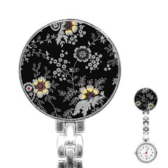 Black Background With Gray Flowers, Floral Black Texture Stainless Steel Nurses Watch