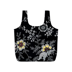 Black Background With Gray Flowers, Floral Black Texture Full Print Recycle Bag (S)