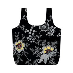 Black Background With Gray Flowers, Floral Black Texture Full Print Recycle Bag (M)