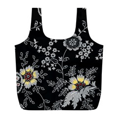 Black Background With Gray Flowers, Floral Black Texture Full Print Recycle Bag (L)