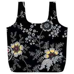 Black Background With Gray Flowers, Floral Black Texture Full Print Recycle Bag (XL)