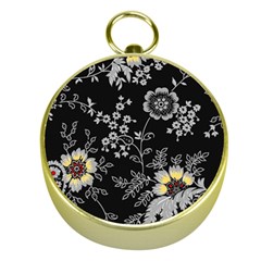 Black Background With Gray Flowers, Floral Black Texture Gold Compasses