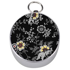 Black Background With Gray Flowers, Floral Black Texture Silver Compasses