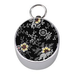 Black Background With Gray Flowers, Floral Black Texture Mini Silver Compasses