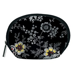 Black Background With Gray Flowers, Floral Black Texture Accessory Pouch (Medium)