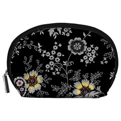 Black Background With Gray Flowers, Floral Black Texture Accessory Pouch (Large)