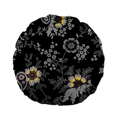 Black Background With Gray Flowers, Floral Black Texture Standard 15  Premium Flano Round Cushions