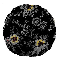 Black Background With Gray Flowers, Floral Black Texture Large 18  Premium Flano Round Cushions