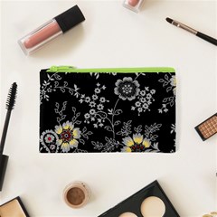 Black Background With Gray Flowers, Floral Black Texture Cosmetic Bag (XS)