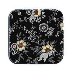 Black Background With Gray Flowers, Floral Black Texture Square Metal Box (Black)