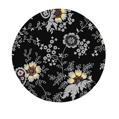 Black Background With Gray Flowers, Floral Black Texture Mini Round Pill Box