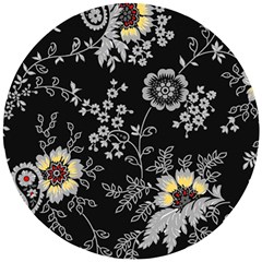 Black Background With Gray Flowers, Floral Black Texture Wooden Puzzle Round by nateshop