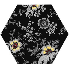 Black Background With Gray Flowers, Floral Black Texture Wooden Puzzle Hexagon