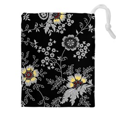 Black Background With Gray Flowers, Floral Black Texture Drawstring Pouch (4xl)