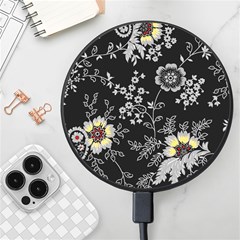 Black Background With Gray Flowers, Floral Black Texture Wireless Fast Charger(Black)