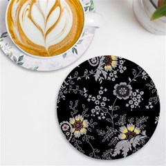 Black Background With Gray Flowers, Floral Black Texture UV Print Round Tile Coaster