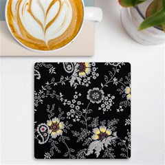 Black Background With Gray Flowers, Floral Black Texture UV Print Square Tile Coaster 