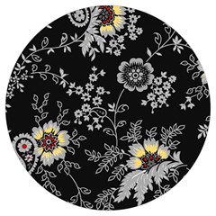 Black Background With Gray Flowers, Floral Black Texture Round Trivet