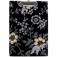 Black Background With Gray Flowers, Floral Black Texture A4 Acrylic Clipboard