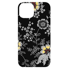 Black Background With Gray Flowers, Floral Black Texture iPhone 14 Black UV Print Case