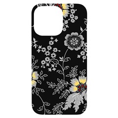 Black Background With Gray Flowers, Floral Black Texture iPhone 14 Pro Max Black UV Print Case