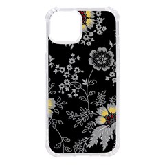 Black Background With Gray Flowers, Floral Black Texture iPhone 14 TPU UV Print Case