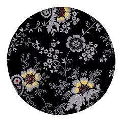 Black Background With Gray Flowers, Floral Black Texture Round Glass Fridge Magnet (4 pack)