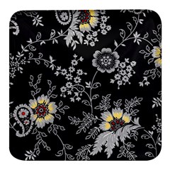 Black Background With Gray Flowers, Floral Black Texture Square Glass Fridge Magnet (4 pack)