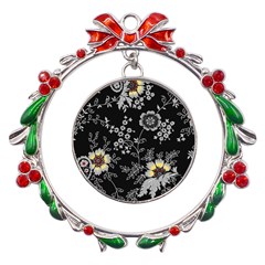 Black Background With Gray Flowers, Floral Black Texture Metal X mas Wreath Ribbon Ornament