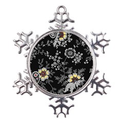 Black Background With Gray Flowers, Floral Black Texture Metal Large Snowflake Ornament