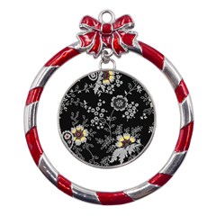 Black Background With Gray Flowers, Floral Black Texture Metal Red Ribbon Round Ornament