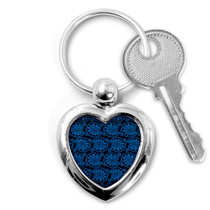 Blue Floral Pattern Floral Greek Ornaments Key Chain (Heart)