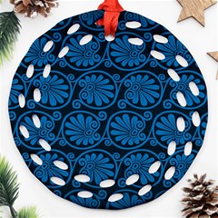 Blue Floral Pattern Floral Greek Ornaments Round Filigree Ornament (two Sides)