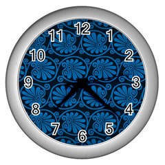 Blue Floral Pattern Floral Greek Ornaments Wall Clock (silver) by nateshop