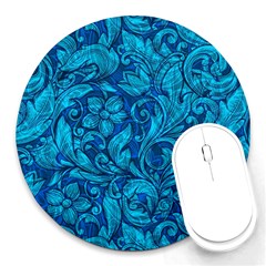 Blue Floral Pattern Texture, Floral Ornaments Texture Round Mousepad by nateshop