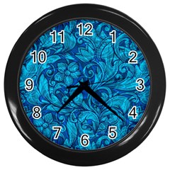 Blue Floral Pattern Texture, Floral Ornaments Texture Wall Clock (black) by nateshop