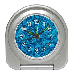 Blue Floral Pattern Texture, Floral Ornaments Texture Travel Alarm Clock by nateshop