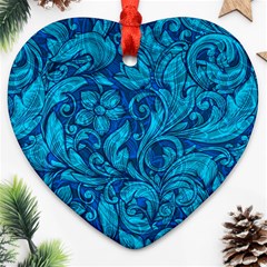 Blue Floral Pattern Texture, Floral Ornaments Texture Heart Ornament (two Sides)