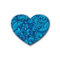 Blue Floral Pattern Texture, Floral Ornaments Texture Rubber Coaster (heart) by nateshop