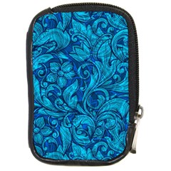 Blue Floral Pattern Texture, Floral Ornaments Texture Compact Camera Leather Case by nateshop