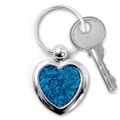 Blue Floral Pattern Texture, Floral Ornaments Texture Key Chain (heart) by nateshop