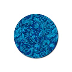 Blue Floral Pattern Texture, Floral Ornaments Texture Rubber Coaster (round) by nateshop